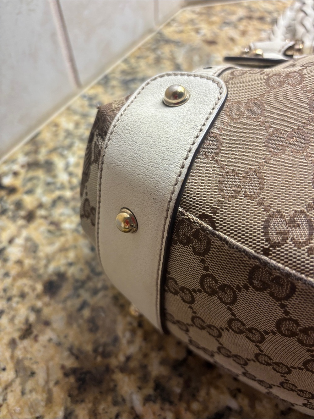 Vintage Gucci Beige Monogram Shoulder Bag with Cream Braided Handles. - Picture 8 of 13